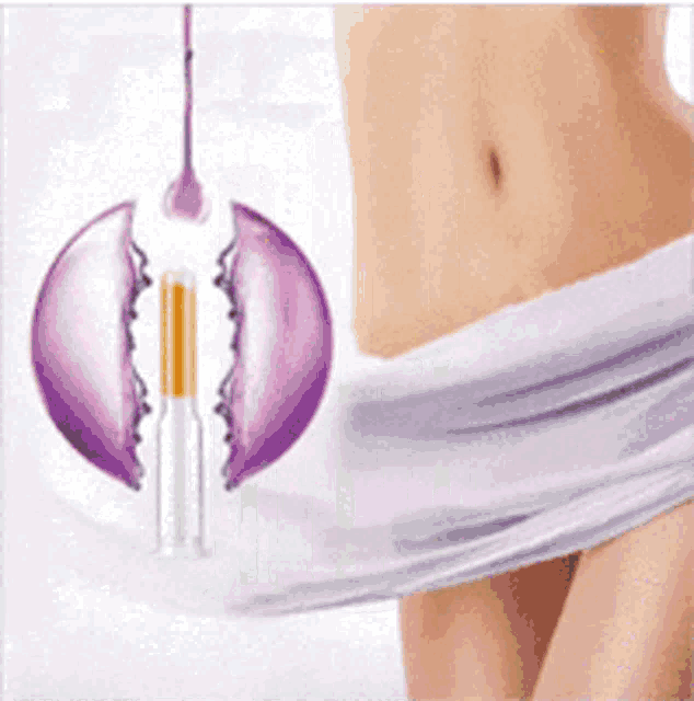 a woman 's stomach is shown with a purple object hanging from her waist