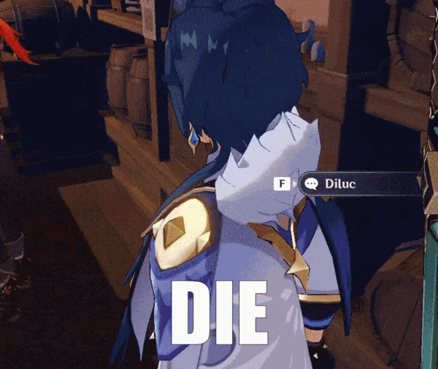 a character in a video game says die