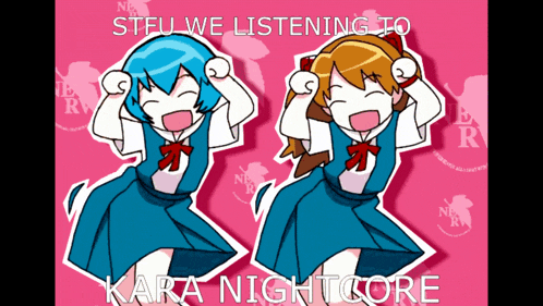 two anime girls are jumping in the air with the words " steu we listening to kara nightcore "