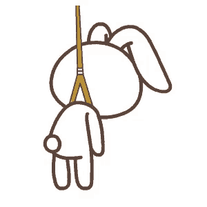 a cartoon rabbit is hanging upside down from a yellow rope .