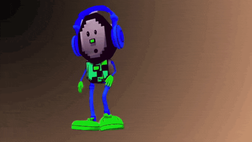 a cartoon character wearing headphones and green shoes is standing on a platform .
