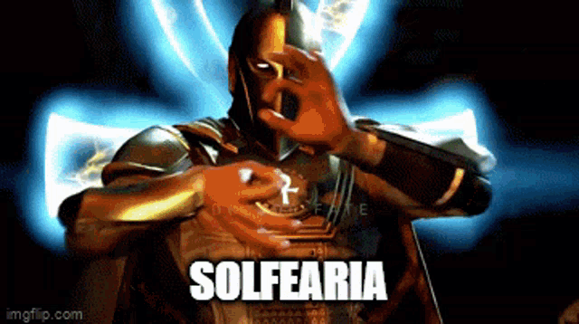 a man in a superhero costume with the word solfearia on his chest