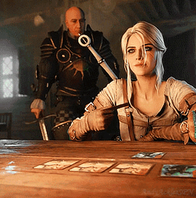 a woman is sitting at a table with cards and a man is standing behind her with a sword