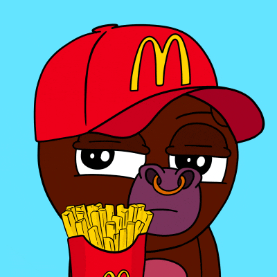 a cartoon character wearing a red mcdonald 's hat and holding a bag of french fries