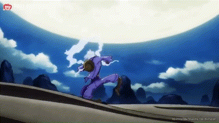 a person in a purple outfit is standing in front of a large white lightning bolt in a cartoon .