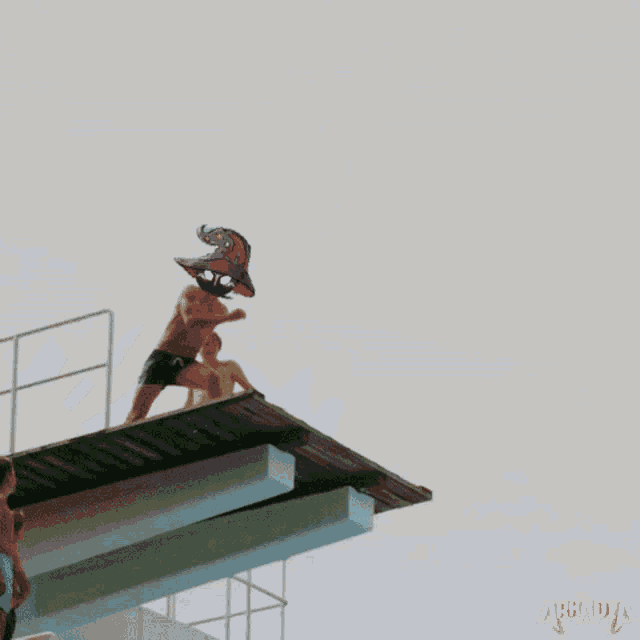 a picture of a person jumping into a pool with the word arkadia on the bottom right