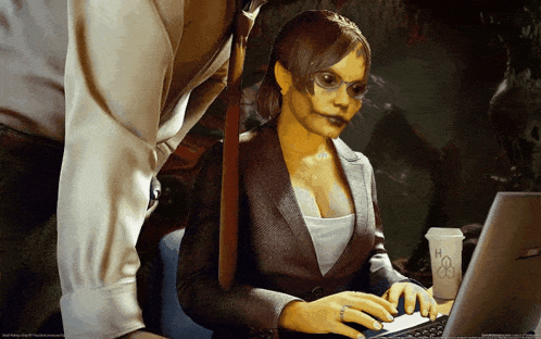 a woman in a suit is typing on a laptop next to a cup that says ' h2o ' on it