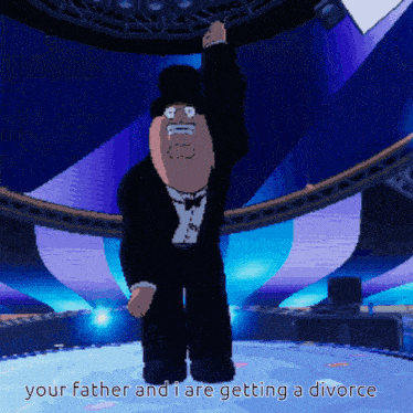 a pixel art of a man in a tuxedo and top hat with the caption your father and i are getting a divorce