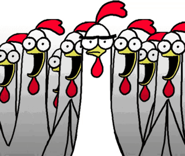 a bunch of chickens with their mouths open