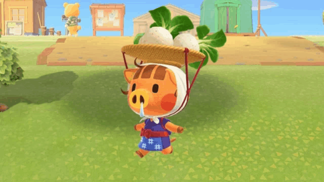 a pig wearing a straw hat carrying vegetables on her head