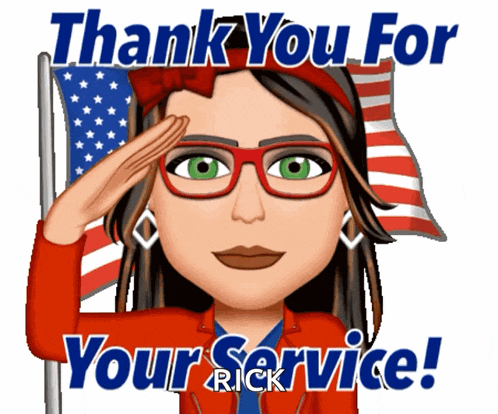 a cartoon of a woman saluting with the words thank you for your service rick