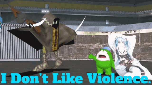 a video game character says " i don 't like violence " next to a green frog