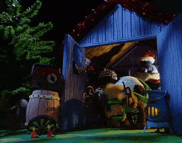 a cartoon scene with a vacuum cleaner and barrels