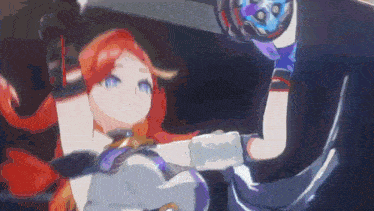 a girl with red hair and blue eyes is holding a sword in her hands .