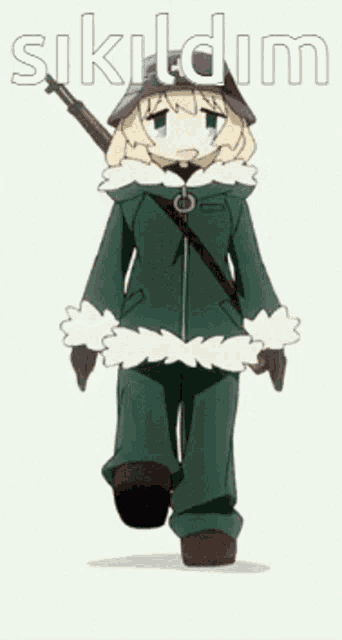 a girl in a military uniform is walking with a rifle in her hand