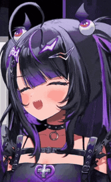 a girl with purple hair and horns is wearing a choker and a heart necklace
