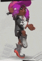 a cartoon character with purple hair and a purple hat is standing on a white surface .