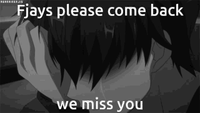 a black and white drawing of a boy with the words " fjays please come back we miss you "