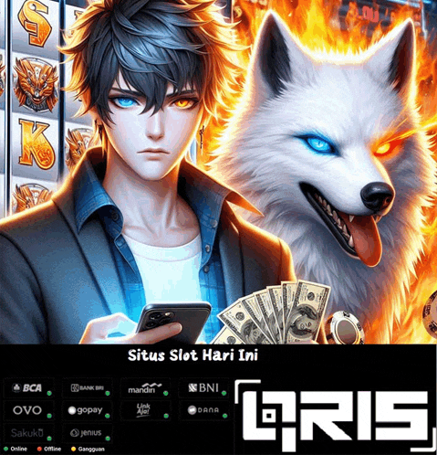 an advertisement for situs slot hari ini with a man holding a phone and a wolf