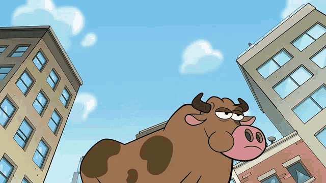 a cartoon cow is standing in the middle of a city surrounded by tall buildings