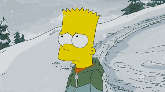 bart simpson is standing in the snow looking sad