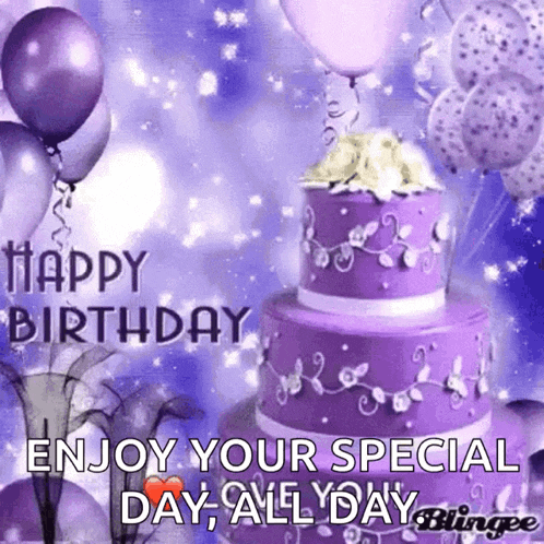 a purple birthday cake with balloons and the words happy birthday