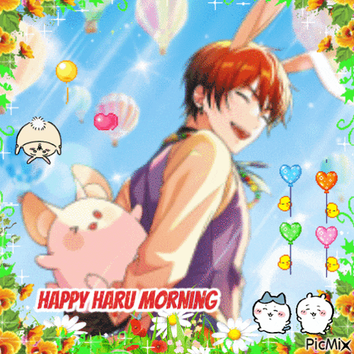 a picture of a boy with bunny ears and the words happy haru morning on it