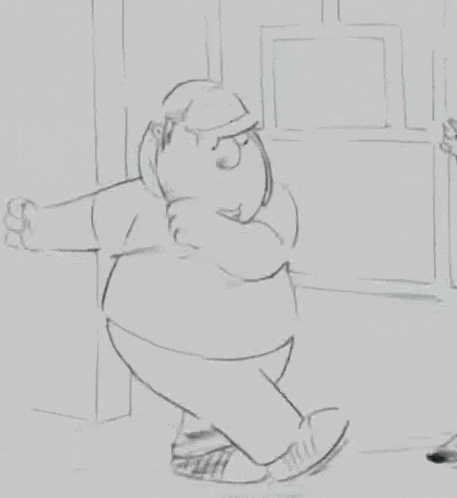 a black and white drawing of a cartoon character , peter griffin , standing next to a man .