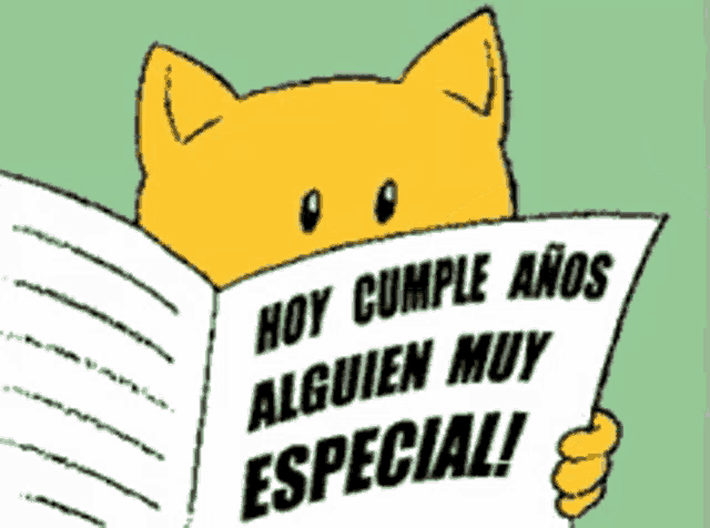 a yellow cat is reading a newspaper that says hoy cumple anos alguien muy especial