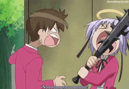 a girl with purple hair is holding a sword in her mouth and screaming