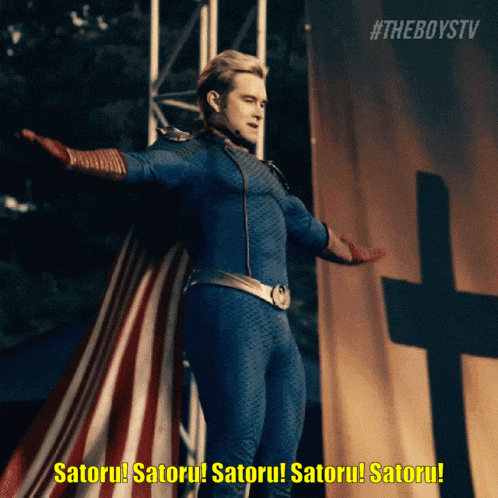 a man in a superhero costume says " satoru "