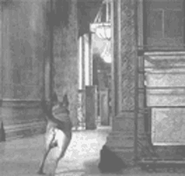 a black and white photo of a hallway in a building with a chandelier .