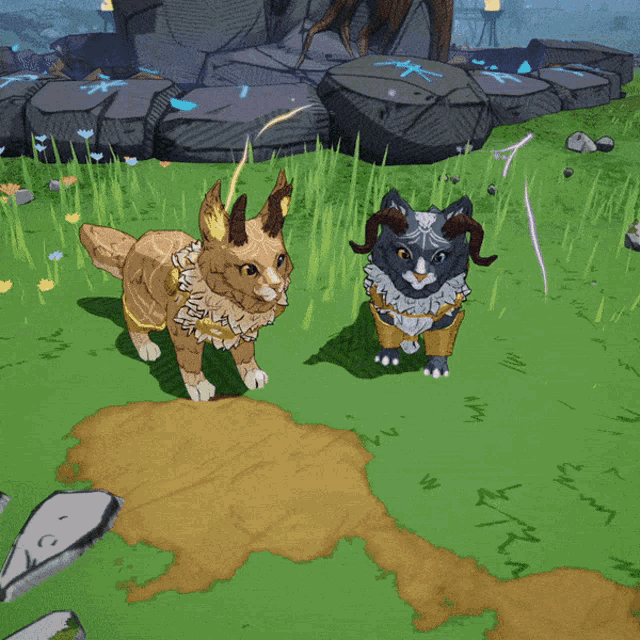 a cartoon drawing of two cats standing next to each other in a field