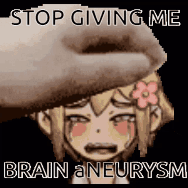 a pixel art of a girl with a flower in her hair with the words stop giving me brain aneurysm