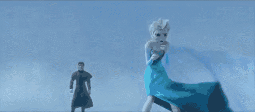 elsa from frozen is running away from a man in a black coat .