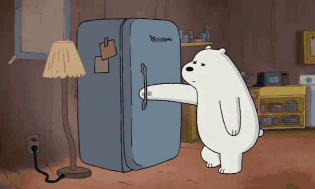 a cartoon of a polar bear opening a fridge with the word kings on the door