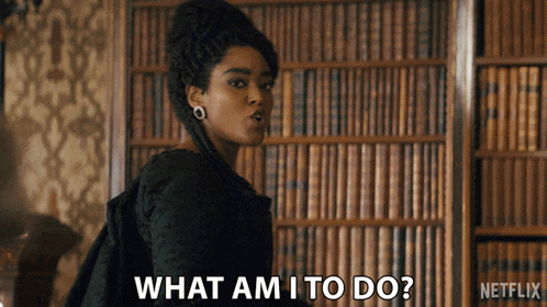 a woman is asking what am i to do in front of a bookshelf