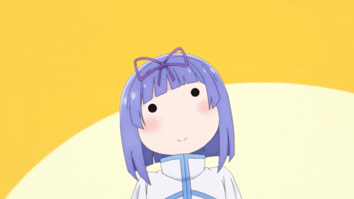 a girl with purple hair is making a funny face with three black circles in the background