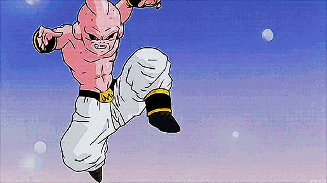 a cartoon character is flying through the air with a blue sky in the background