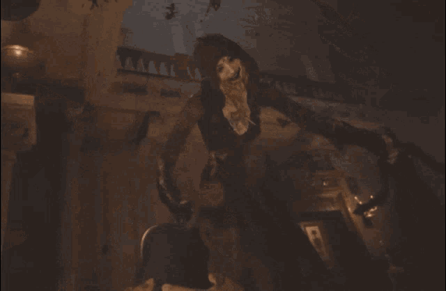 a woman with a bloody face is standing in a dark room with flies flying around her