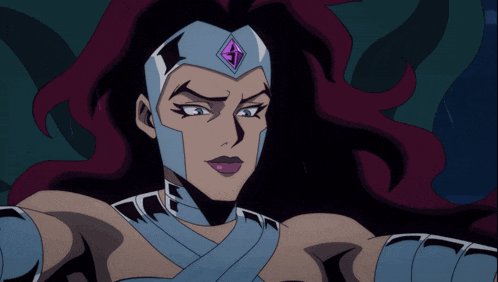 a cartoon drawing of a woman with purple hair and a purple diamond on her head
