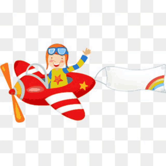 a cartoon boy is flying a red and white airplane