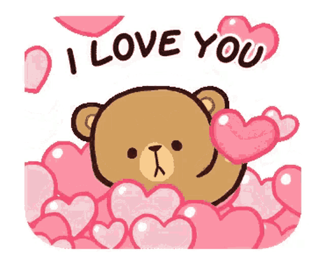 a bear is surrounded by pink hearts and says i love you