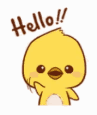 a yellow chicken is waving and says hello .