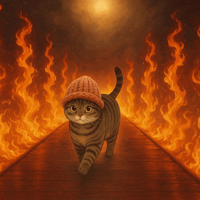 a cat wearing a knitted hat is walking through a tunnel of flames