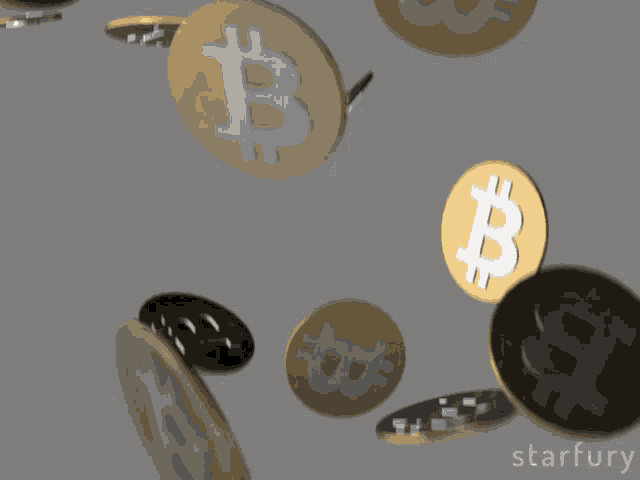 a bunch of gold and black coins with a b on them