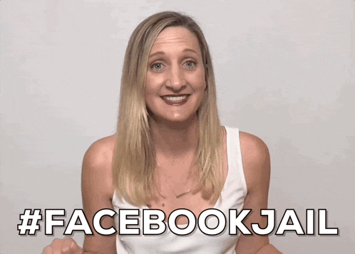 a woman in a white tank top says #facebookjail while smiling
