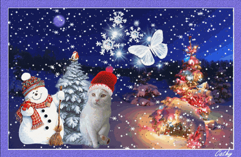 a christmas scene with a snowman a cat and a butterfly