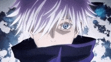 a close up of a person 's face with purple hair and a blue eye .