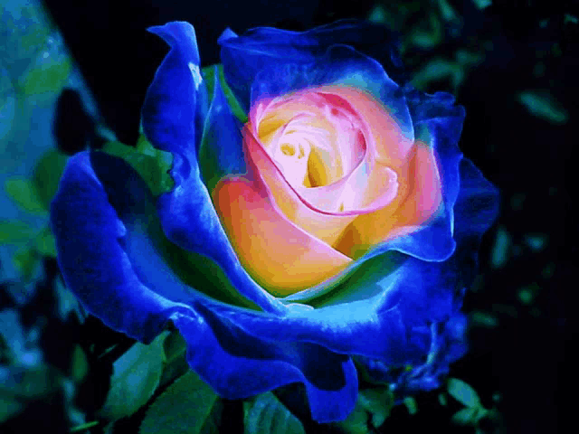 a blue rose with a yellow center is surrounded by greenery